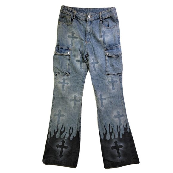 Aw Spiky Head Men L Light Wash Blue Jean Pants Crosses Flame Graphics Skate Punk - Picture 1 of 10